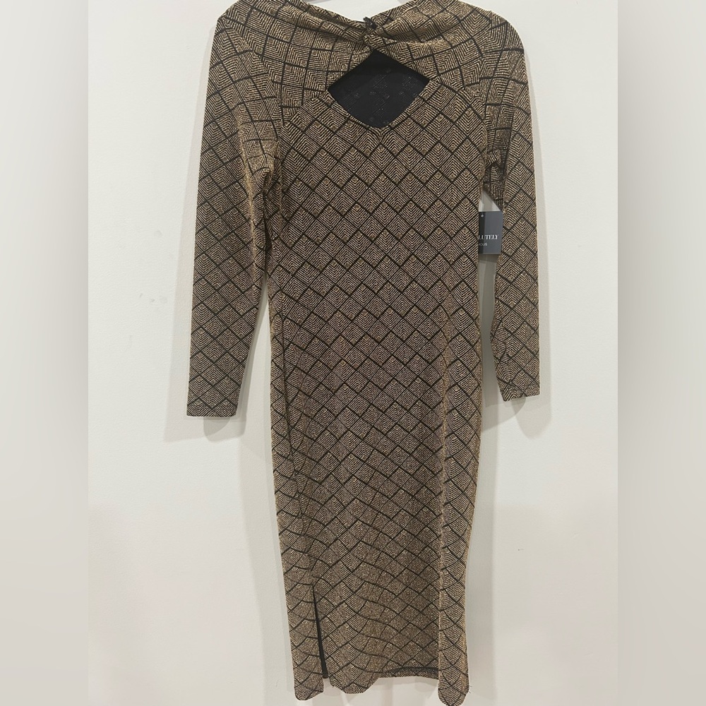 Absolutely Famous Brown Geometric Long-Sleeve Midi Dress